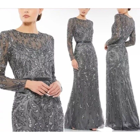 Mac Duggal Size 6 Beaded Long Sleeve Evening Gown Charcoal...